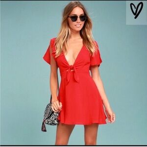 LULU'S Sea Day Skater Dress Red XS Tie Front Flowy Mini Dress V Neck Flutter Slv